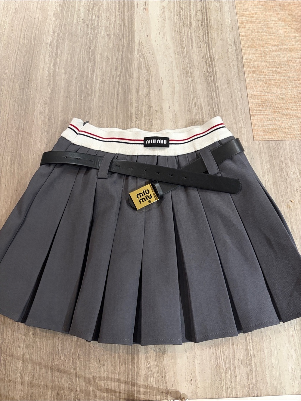 Miu Miu Gray Pleated Mini Skirt with White Stripe Waistband and Black Belt